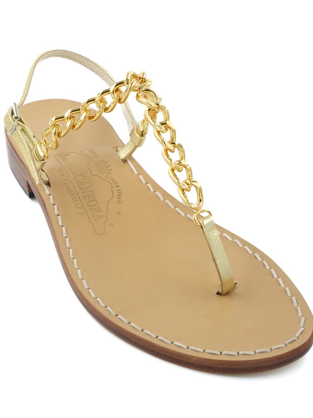 Jackie Kennedy Gold Chain T-Strap Leather Sandal - Women